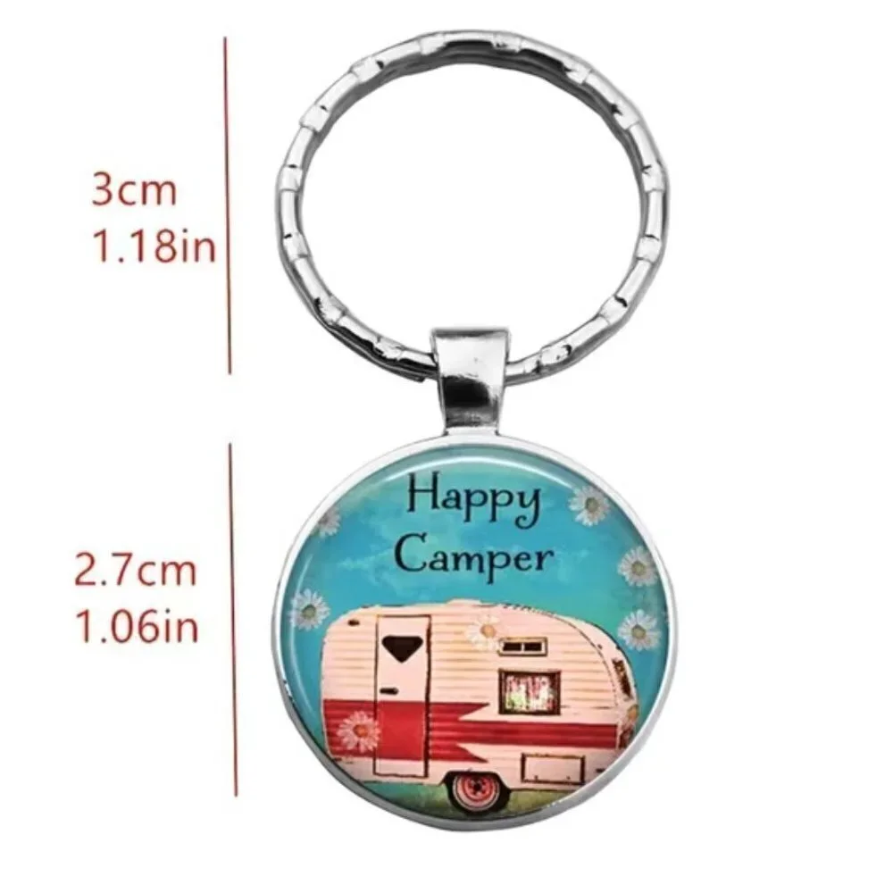 Happy Camper Keyring Fob Round Pendant Keepsake Gift Charm and Black Gift Pouch